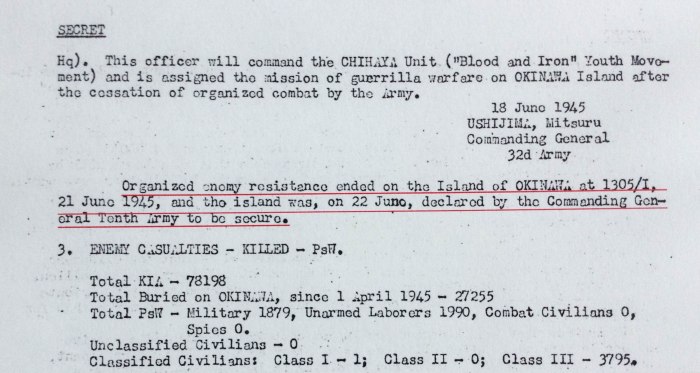 Documento relatando que a guerra terminou no dia 22 de junho de 1945